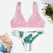 Romwe Triangle Top With Tropical Bikini Set