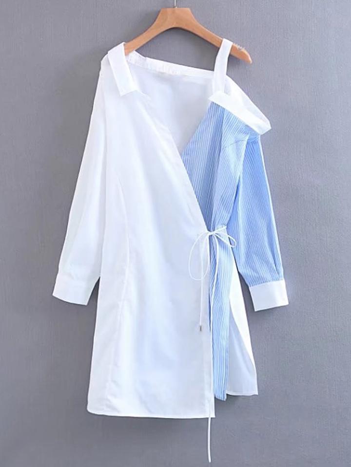 Romwe Contrast Cold Shoulder Shirt Dress