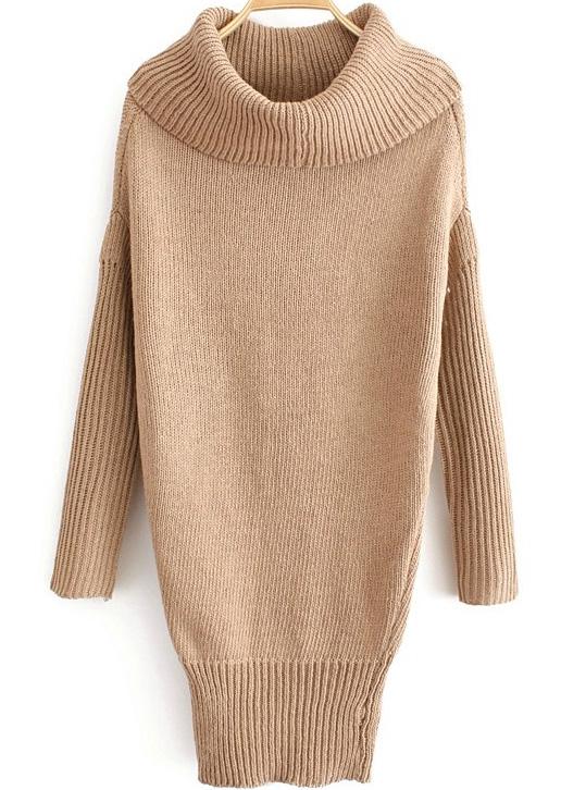 Romwe High Neck Batwing Knit Khaki Sweater Dress