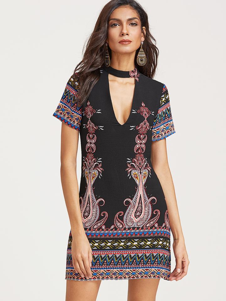Romwe Black Choker V Neck Random Printed Dress
