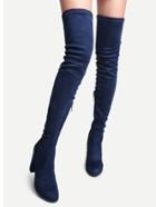 Romwe Navy Faux Suede Point Toe Tie Back Knee Boots