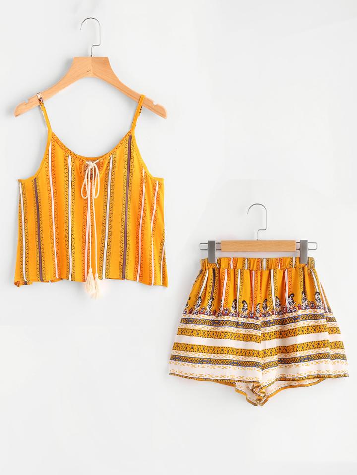 Romwe Tribal Print Fringed Tie Neck Cami Top With Shorts