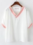 Romwe Pink Collar Plain Casual T-shirt