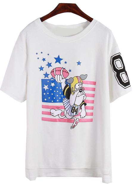 Romwe Cartoon Dog Print Loose White T-shirt