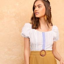 Romwe Embroidered Detail Hook And Eye Placket Blouse