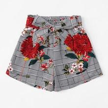 Romwe Plus Floral Print Belted Houndstooth Print Shorts