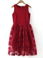 Romwe Red Sunflower Embroidery Zipper Skater Dress