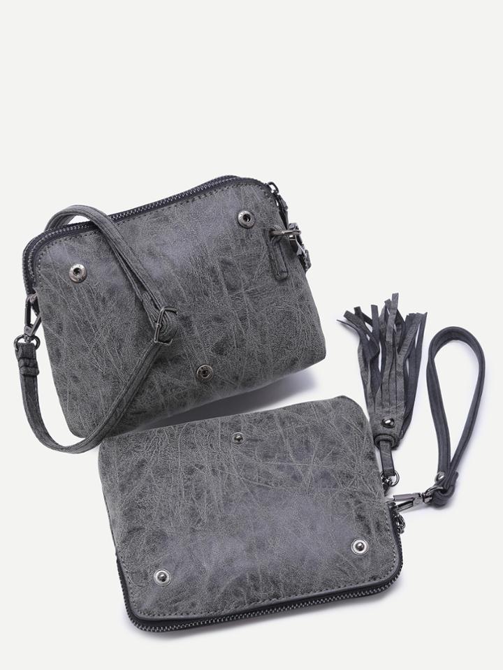 Romwe Grey Pu Tassel Trim Docking Button 2pcs Bag Set