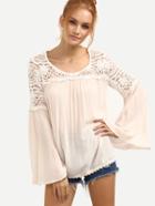 Romwe Bell Sleeve Contrast Lace Crochet Hollow Out Keyhole Shirt