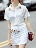 Romwe White Lapel Fish Embroidered Top With Skirt