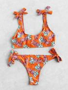 Romwe Pineapple Print Tie Shoulder And Side Bikini Set