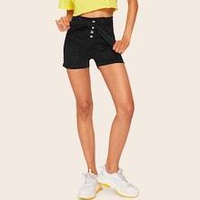 Romwe Pocket Patched Self Belted Buttoned Denim Shorts