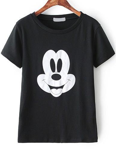 Romwe Round Neck Mickey Print Black T-shirt