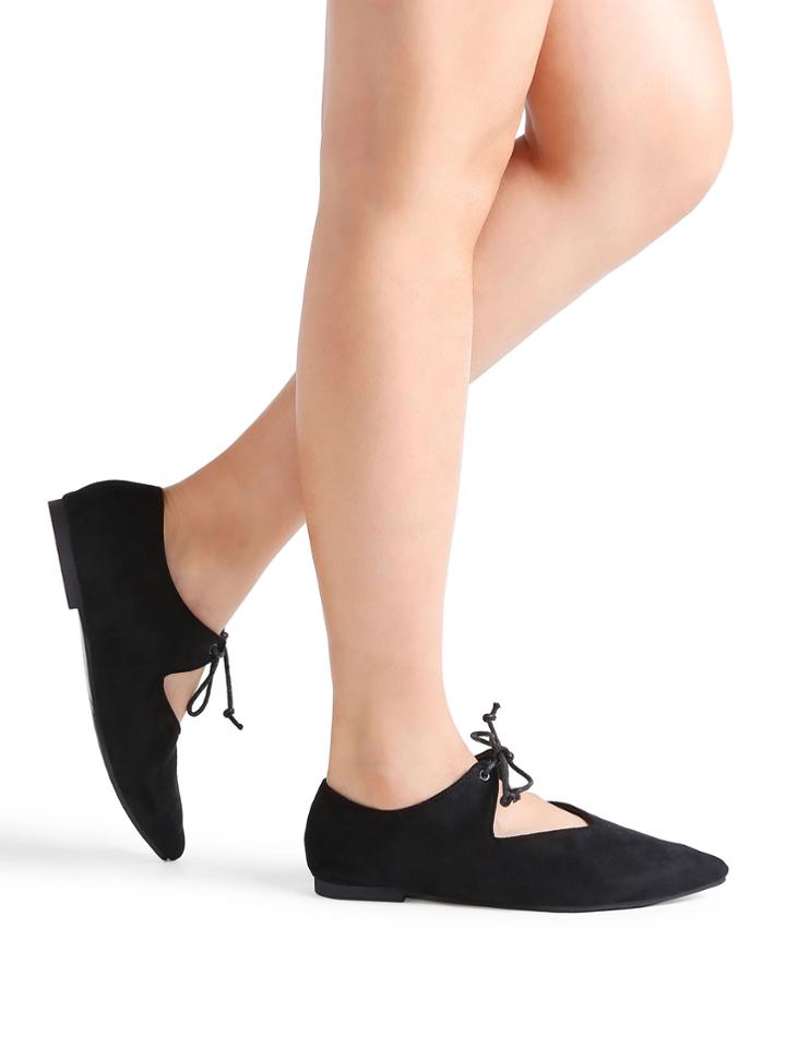 Romwe Black Point Toe Lace Up Ballet Flats