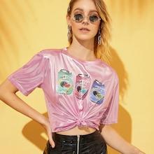 Romwe Drink Print Metallic Tee