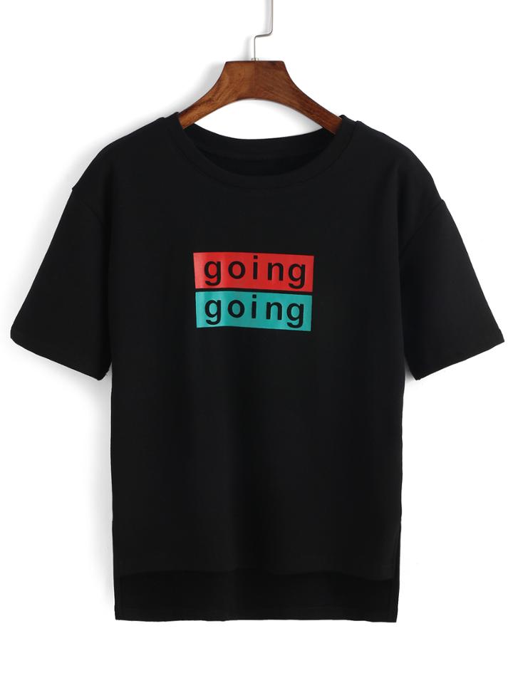 Romwe Dip Hem Letters Print Black T-shirt