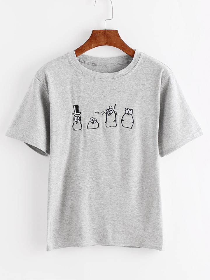 Romwe Grey Cartoon Embroidered T-shirt