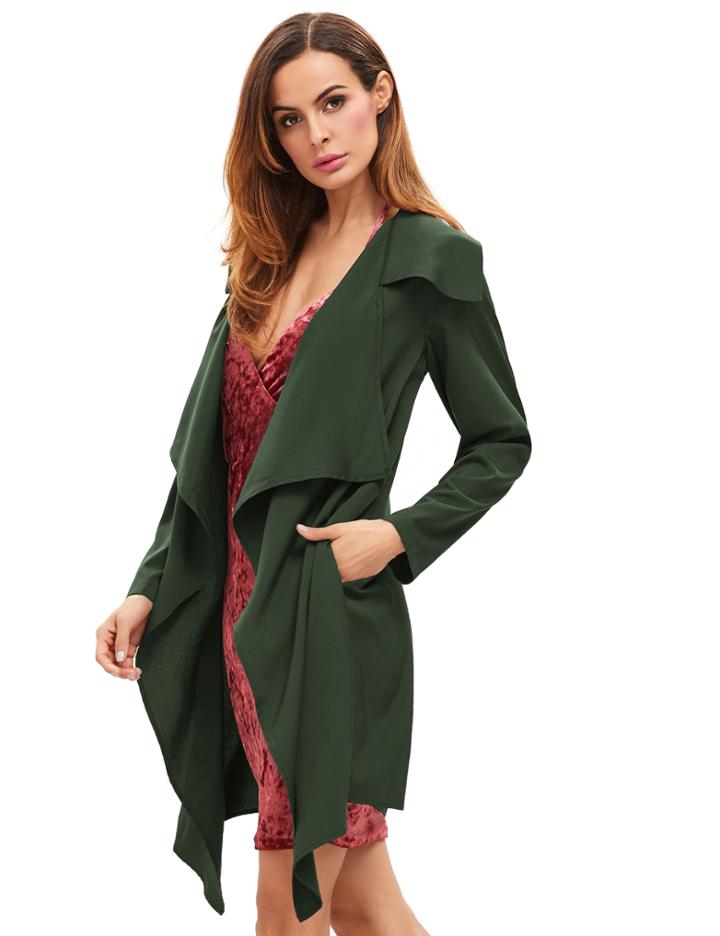 Romwe Green Draped Neck Long Sleeve Coat