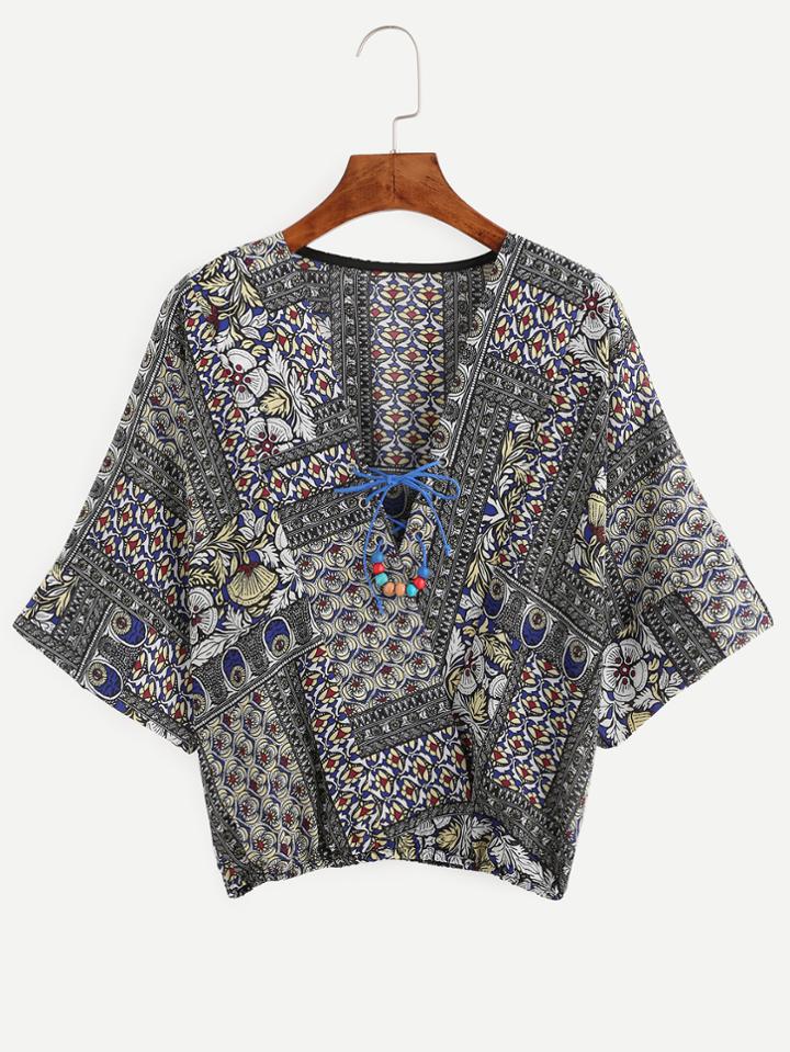 Romwe Tribal Print V Neck Lace Up Ring Accent Top