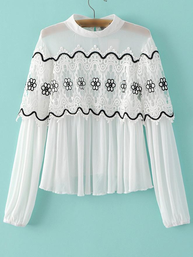 Romwe White Band Collar Crochet Pleated Blouse