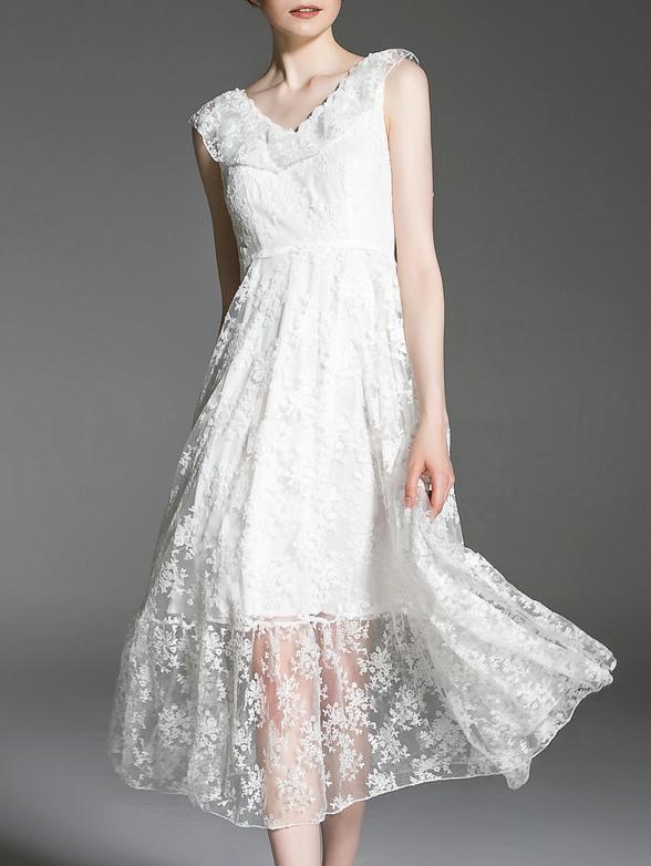 Romwe White V Neck Lace-up Gauze Embroidered Dress