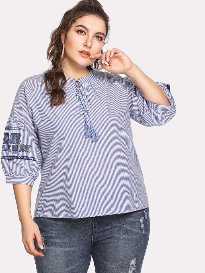Romwe Tassel Tie Striped Blouse