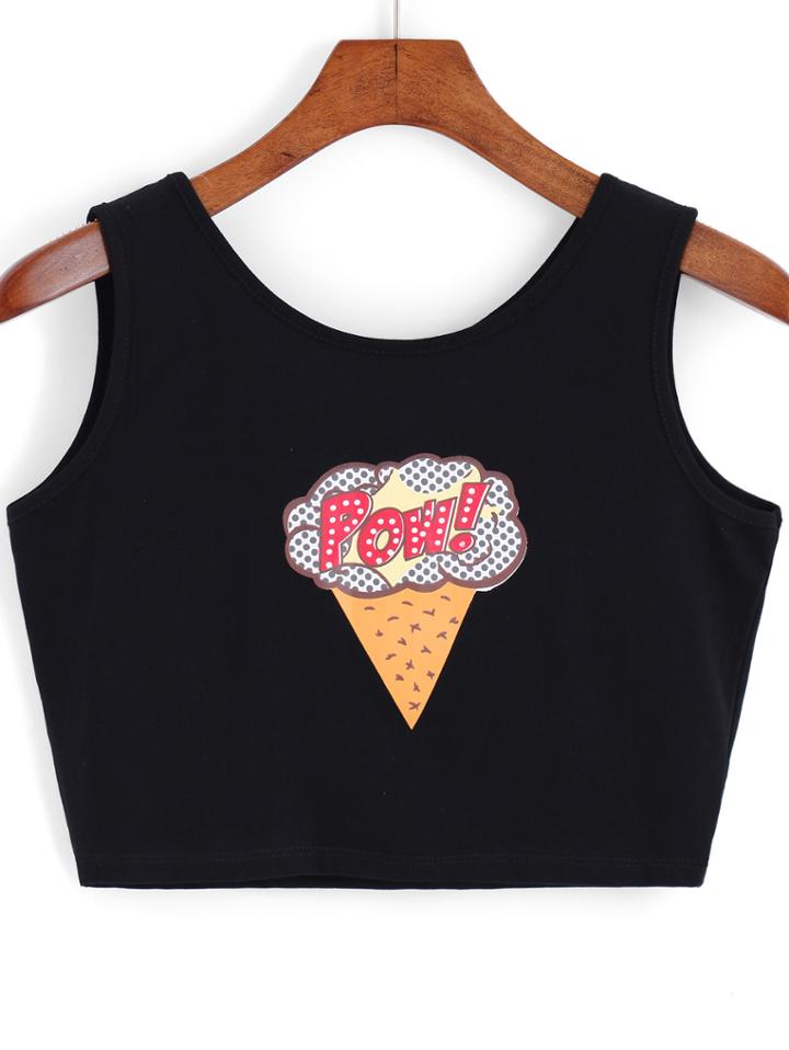 Romwe Cones Print Crop Black Tank Top