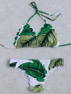Romwe Green Leaf Print Scalloped Trim Triangle Bikini Set
