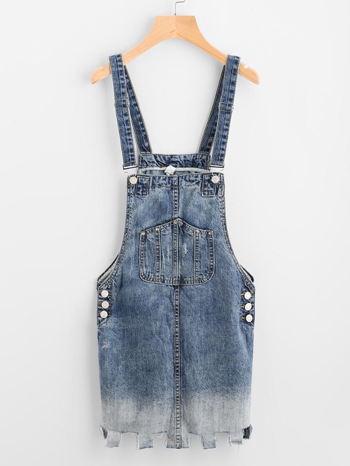 Romwe Raw Hem Button Detail Denim Pinafore Dress