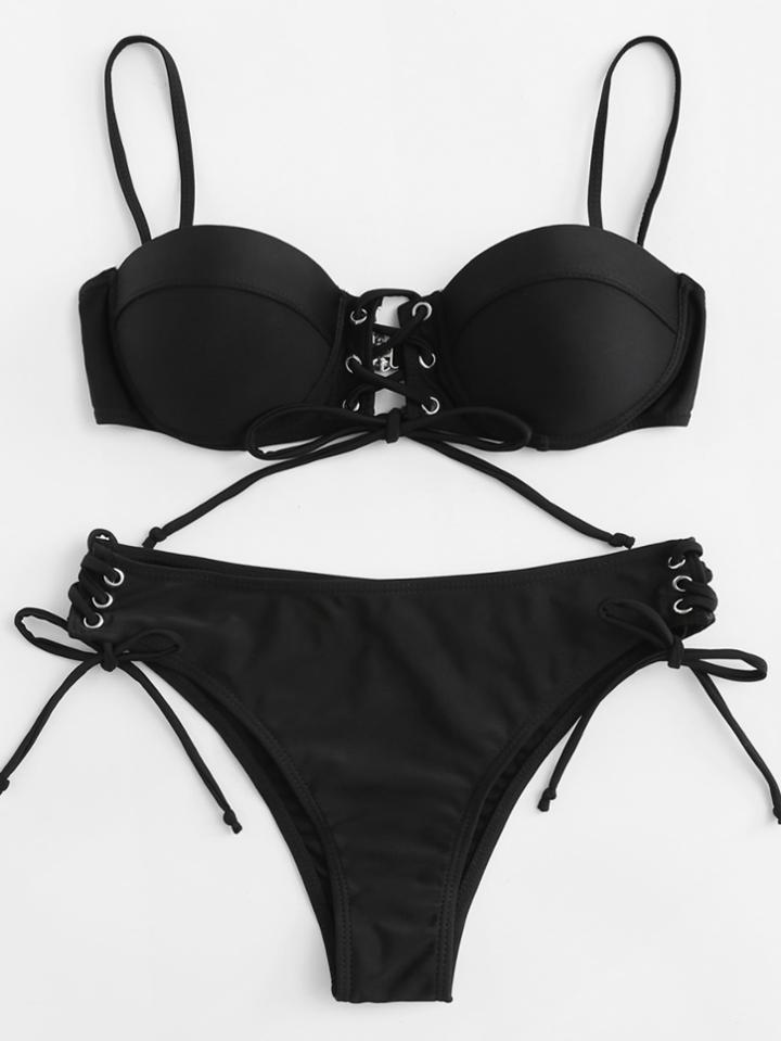 Romwe Lace Up Bikini Set
