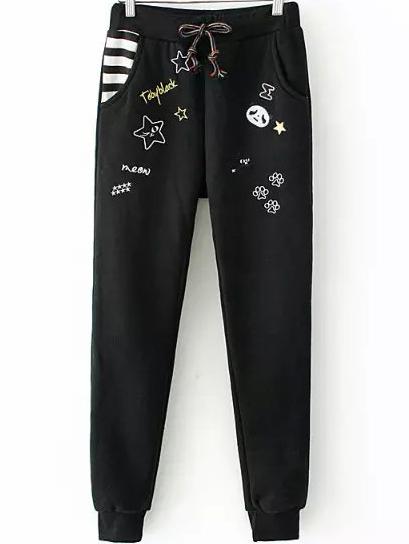Romwe Elastic Waist Patch Embroidered Black Pant