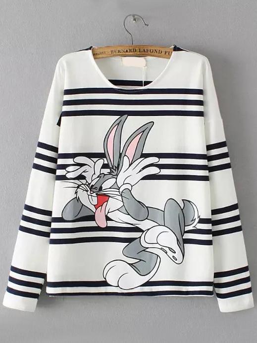 Romwe Rabbit Print Striped White T-shirt