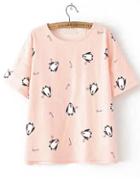 Romwe Dip Hem Penguin Print Pink T-shirt