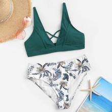 Romwe Criss Cross Seam Top With Random Floral Bikini