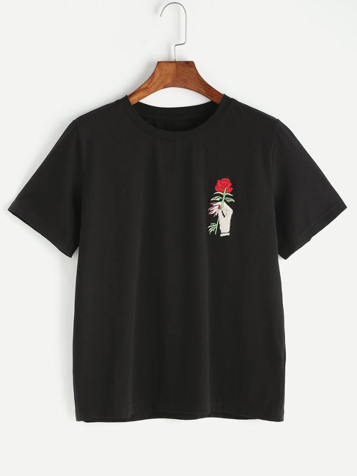 Romwe Rose Embroidered Short Sleeve Tee