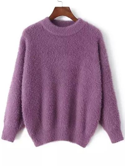 Romwe Crew Neck Fuzzy Purple Sweater