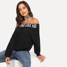 Romwe Off Shoulder Letter Print Pullover