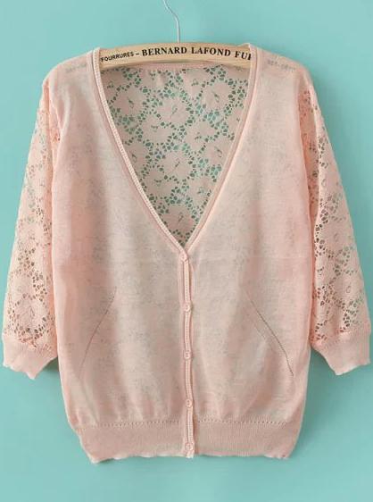 Romwe Back Lace Hollow Pink Cardigan