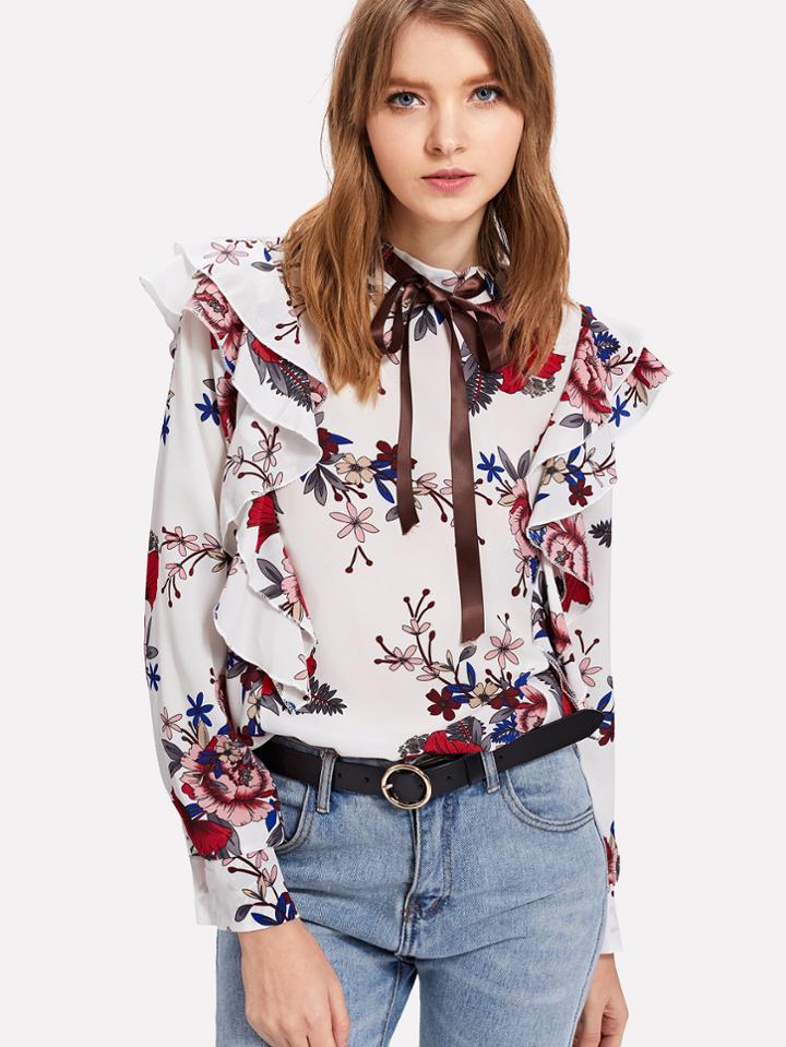 Romwe Flower Print Ruffle Hem Tie Neck Blouse