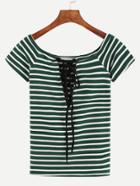 Romwe Green Striped Lace Up Raglan Sleeve T-shirt