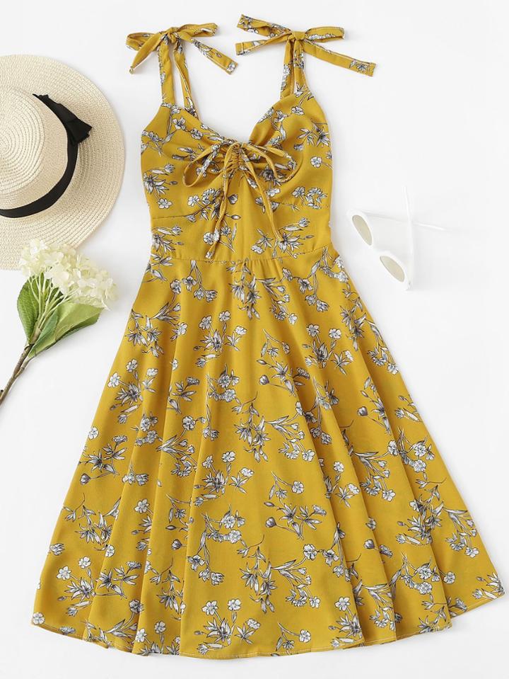 Romwe Drawstring Detail Tie Shoulder Dress