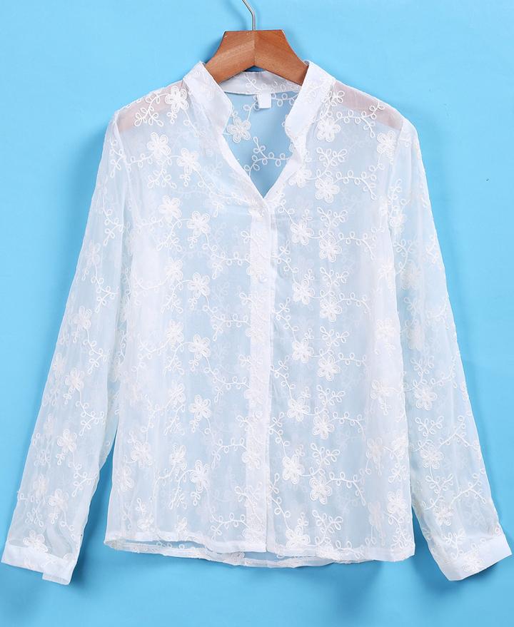 Romwe V Neck Embroidered Chiffon White Blouse