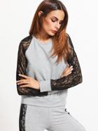 Romwe Heather Grey Contrast Lace Raglan Sleeve Sweatshirt