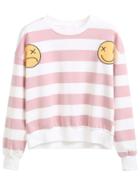 Romwe Pink Striped Emoji Patch Sweatshirt