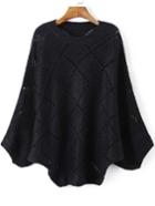 Romwe Bat Sleeve Open-knit Diamond Black Sweater