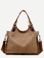 Romwe Khaki Pu Trim Canvas Hobo Bag With Strap
