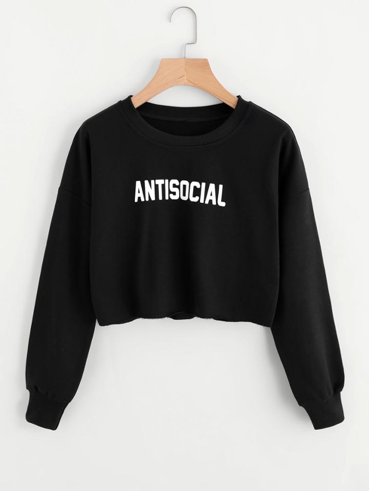 Romwe Letter Print Raw Hem Crop Pullover