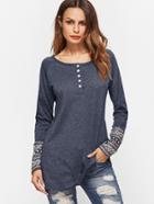 Romwe Contrast Tribal Print Cuff Button Front T-shirt