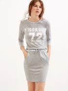 Romwe Grey Printed Striped Drawstring Waist Pockets Dress