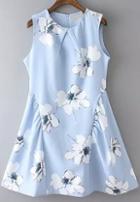 Romwe Flower Print Flare Sun Blue Dress